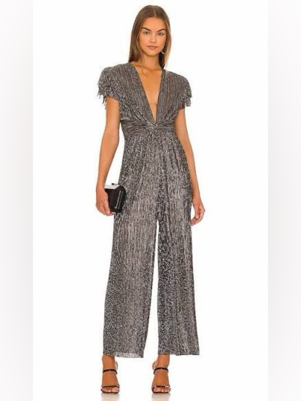 Sabina Musayev Silver Plunge V-Neck Metallic Wide-Leg DONNI Jumpsuit X REVOLVE